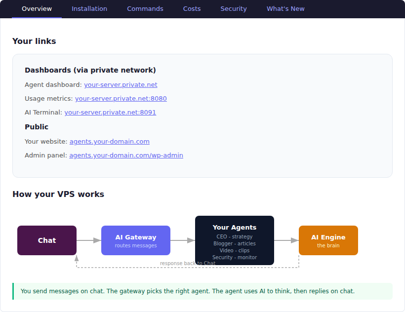Post-install guide - personalized links, VPS diagram, documentation tabs